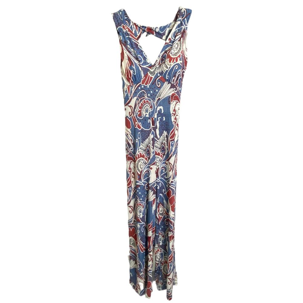 Touch Express Blue‎ Red Paisley Floral Wide Leg Jumpsuit V-Neck Open Back Small